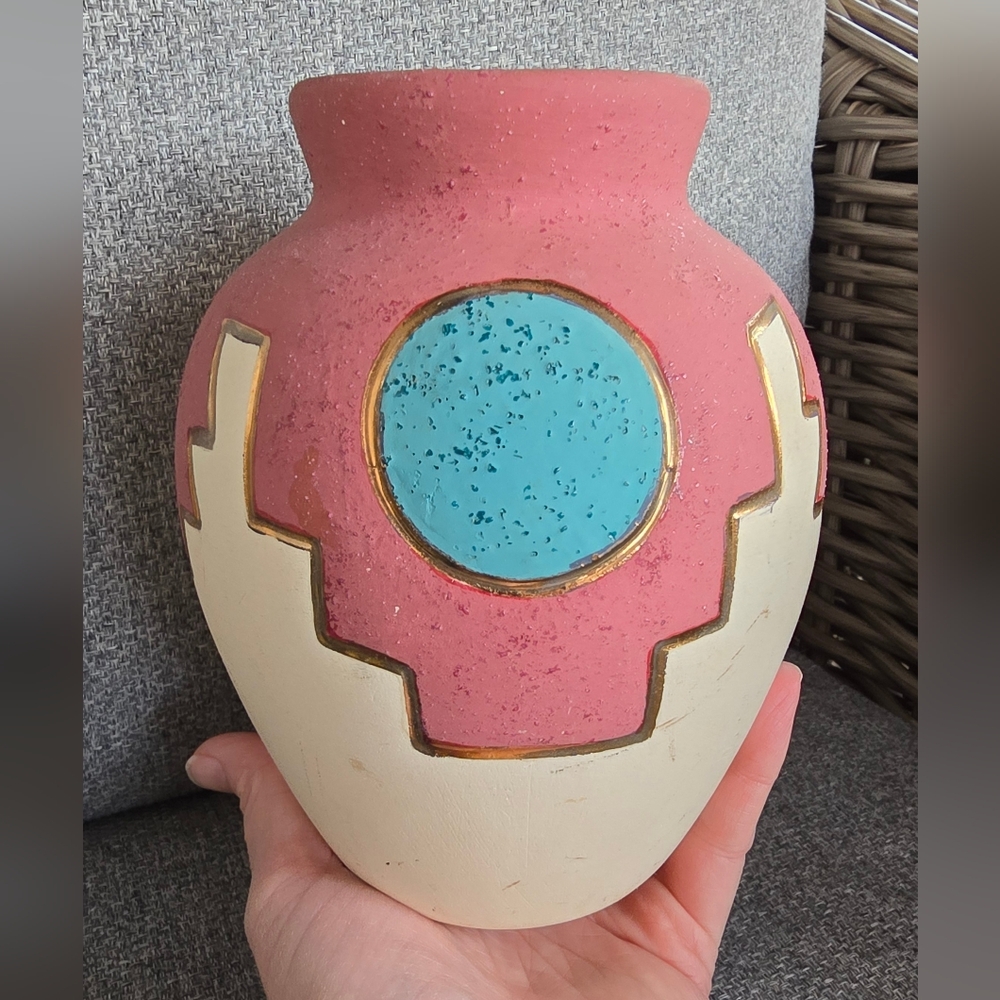 Kopa Southwestern Arizona Painted Pottery Jar Vintage 22k Gold Trim Turquoise